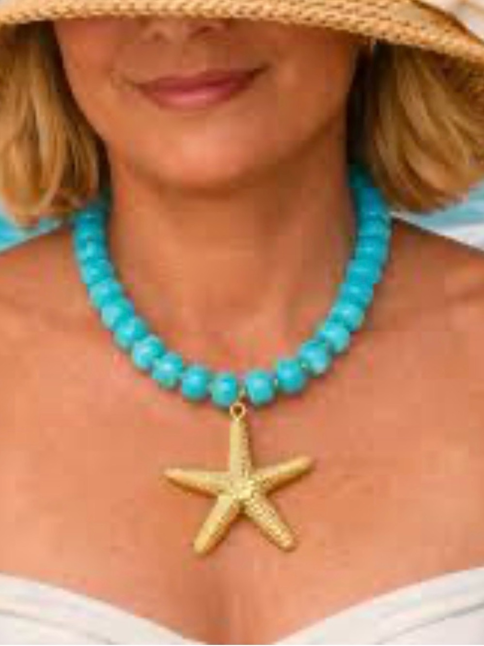 Gold Starfish Pendant Necklace with Turquoise Beads - Women Jewelry
